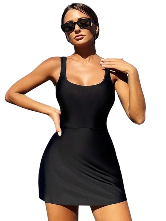 GRECIILOOKS Women Lycra Frock Style Short Attached Padded One-Piece Swimming Costume | Solid Women Swimsuit | Womens Stretchable Swimwear