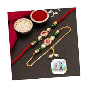 CraftVatika Rakhi Set for Brother and Bhabhi, Lumba Floral Rakhi Kundan Bracelet Rakhis for Bhaiya Bhabhi Rakhis for Rakshabandhan Couple Pearl Set of 2 with Fridge Magnet Gift