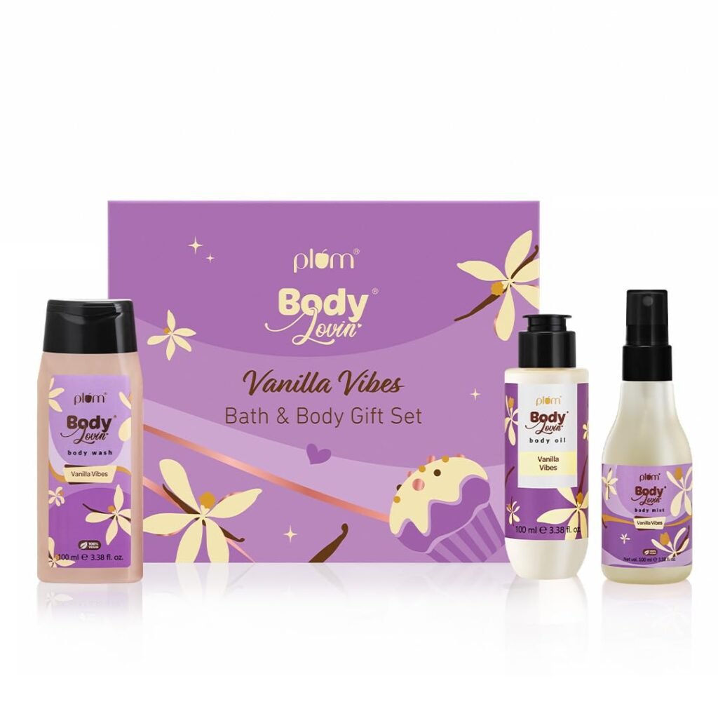 Plum BodyLovin’ Vanilla Vibes Bath & Body Gift Set | Wash | Mist | Oil | Long-Lasting Fragrance | For Women | Gifting For Rakhi & Special Occasions| Pack Of 3
