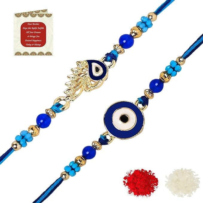 Riddhika Ventures Elegant Evil Eye Rakhi for Protection from Negative Energy (Set Of 2) With Roli Chawal And Greeting Card