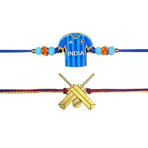 Kizzi Rakhi Combo for Brother – Cricket Bat & Team India Cricket Jersey Tshirt Design Rakhis for Kids and Boys | Sports Theme Rakhi Set | Raksha Bandhan Gift for Cricket Lovers