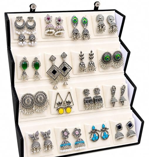 Oxidized Silver Plated Jhumka Earrings Combo for Women & Girls | 16 Pairs Traditional Boho Chandbali Temple Peacock Pearl Drop Earrings Set | Ethnic Jewellery