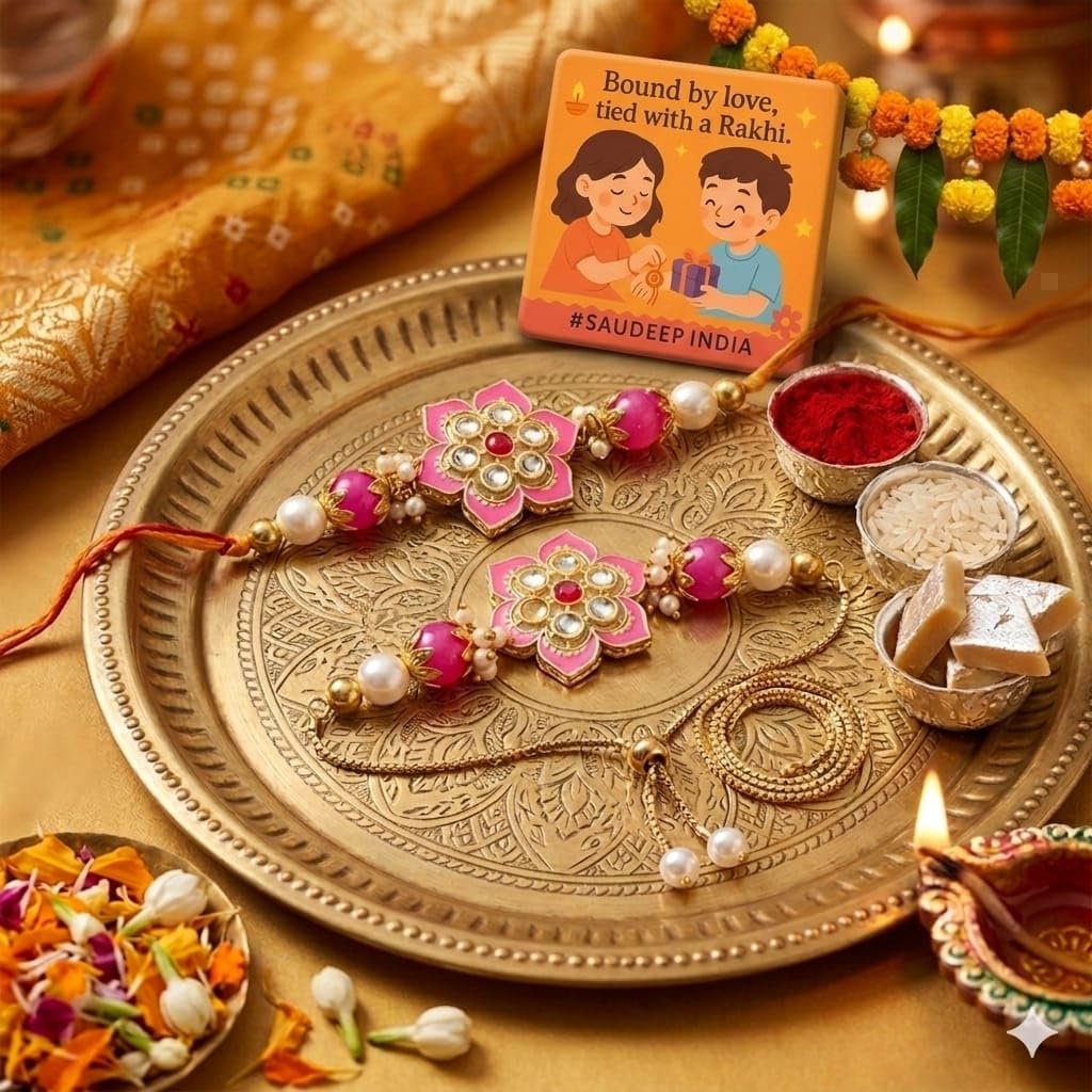 SAUDEEP INDIA Decorative Fridge Magnet for Refrigerator Decor with Free Lumba Rakhi Set for Bhaiya Bhabhi | Raksha Bandhan Gift Magnet | Cotton Thread Rakhi Accessory