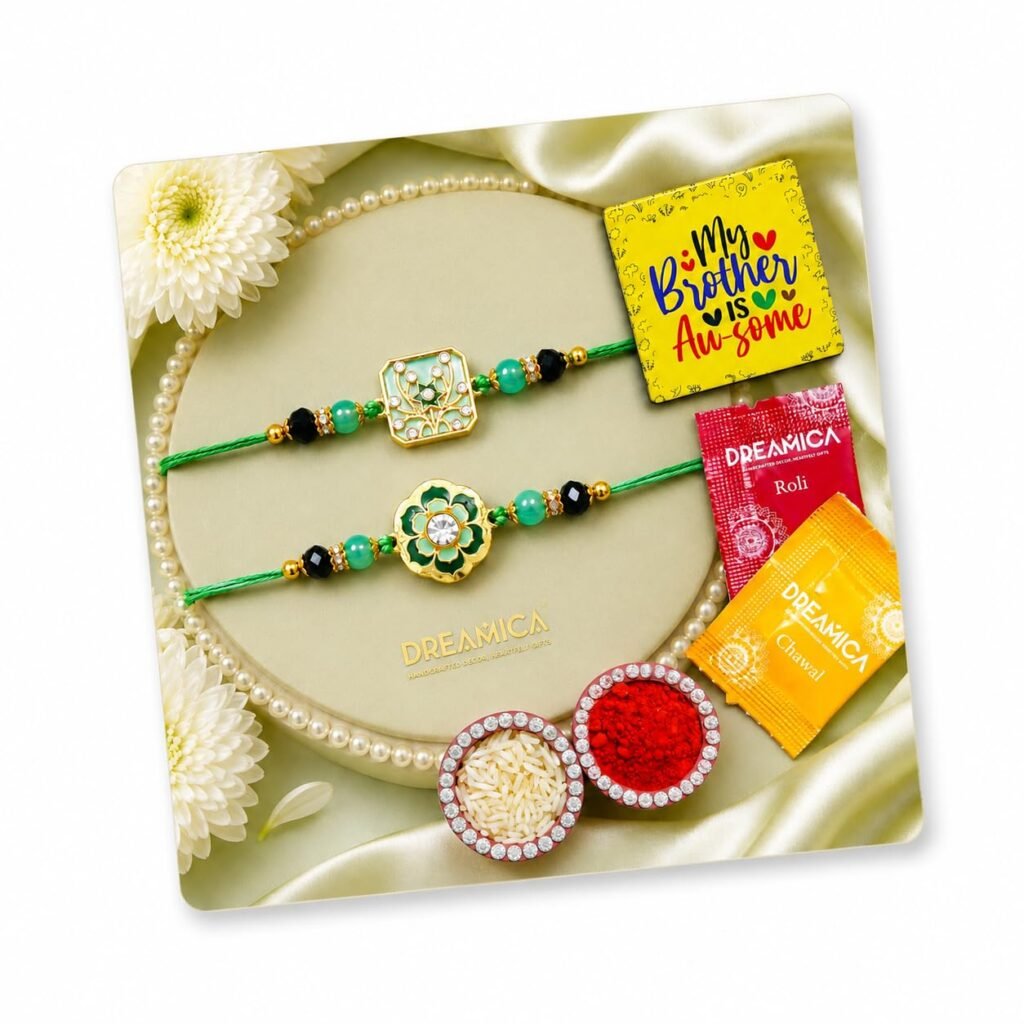 Dreamica Set of 2 Designer Rakhi for Brother | Combo with ?My Brother is Awesome? Fridge Magnet, Tilak Set (Roli-Chawal), and Greeting Card | Best Rakhi Gift for Brother (Rakhi-68)