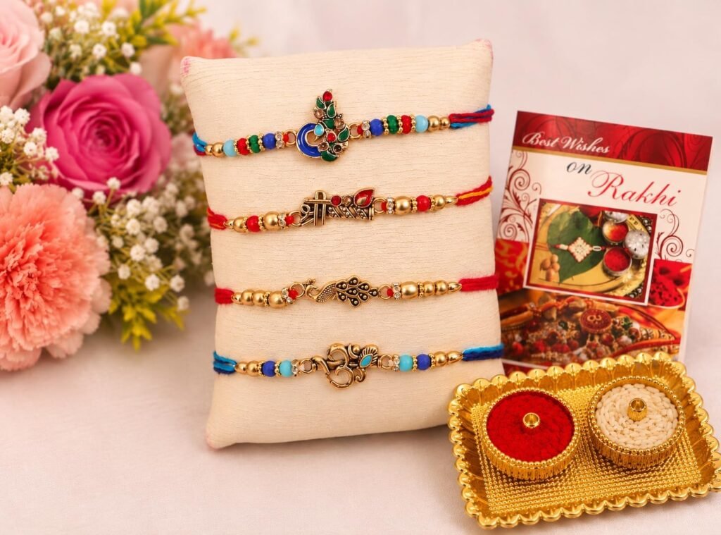 Chocozone Set of 4 Multicolor Ohm, Flute, Floral & Peacock Designer Rakhi with Roli Chawal & Card – Rakhi for Bhaiya & Bhai Rakhi Set for Brother