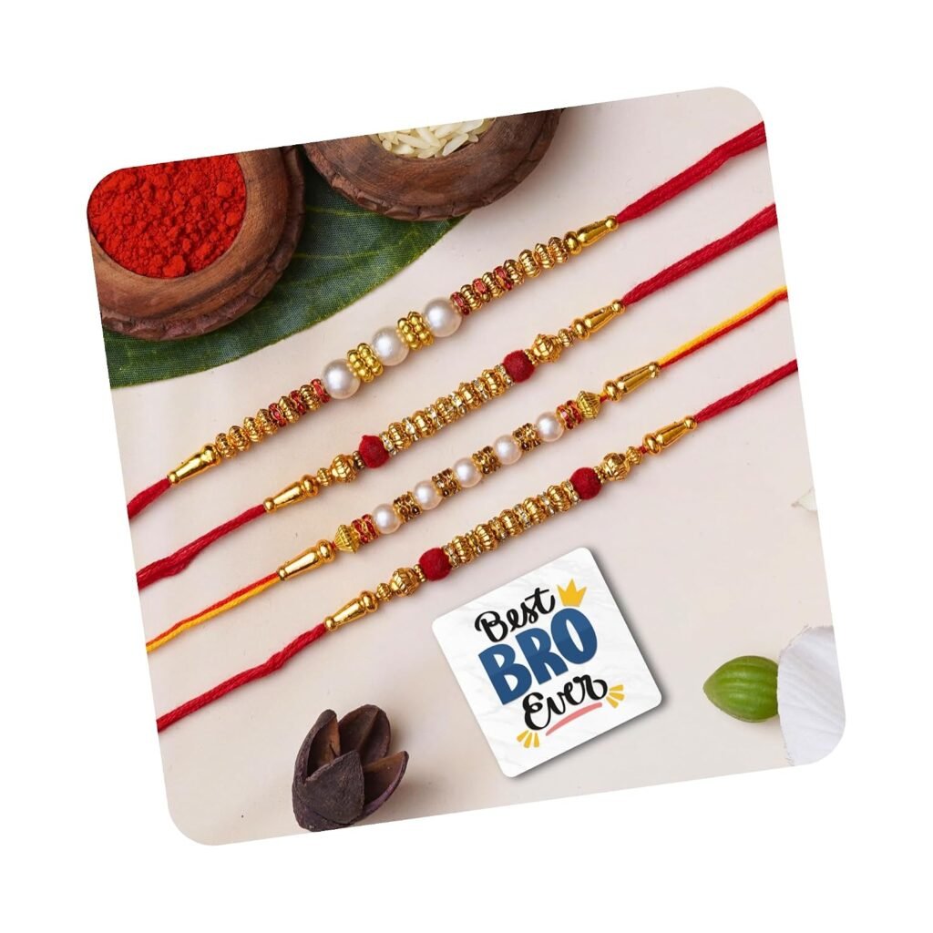 eCraftIndia Set of 4 Red, Golden & White Beads, Pearl, Diamond Designer Rakhis, Best Bro Ever Fridge Magnet with Roli Chawal Pack – Rakhi for Brother, Bhaiya, Bhai