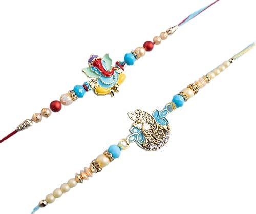 Boys Evil Eye Rakhi Rakhi Combo Of 2 Rakhi For Brother And Bhabhi Set/Premium Ganesh Ji Rakhi With Designer Peacock Rakhi/Bracelet Rakhi/Bhabhi Rakhi/ 2 /Pearls (Blue) | For Girls, Boys and Couples, Set of Rakhi Bracelets