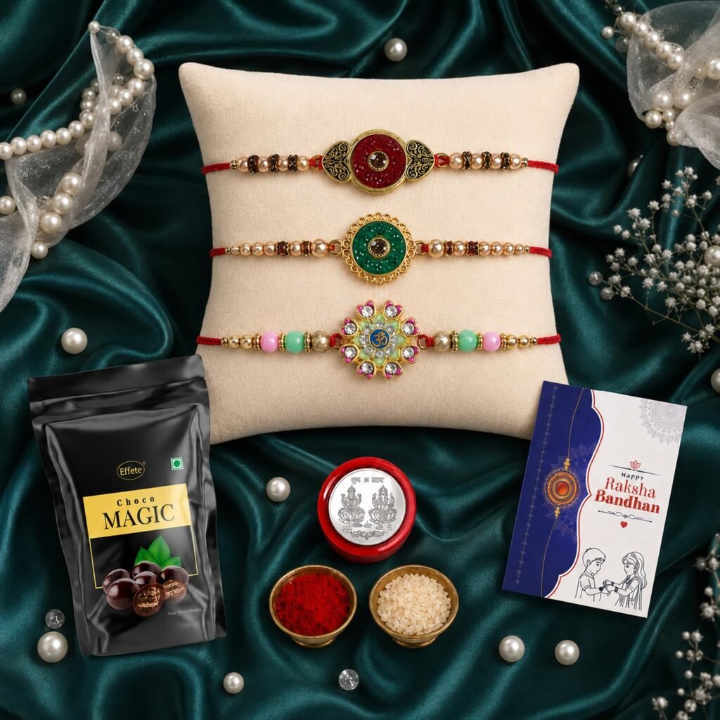 Oblivion Set of 3 Rakhi for Brother with Choco Magic Chocolate 40gm, Round, Stone & Flower Designs, Pooja Coin, Roli Chawal & Card | Rakhi with Chocolate Combo for Raksha Bandhan