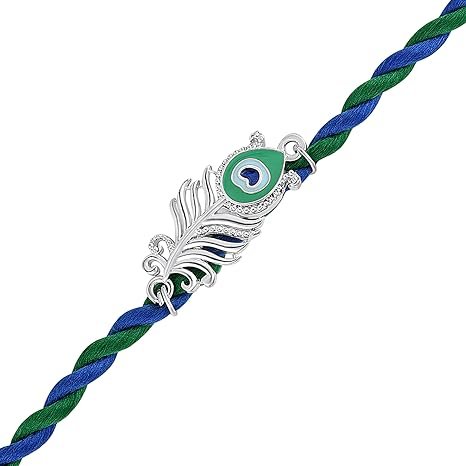 Mahi Peacock-Feather-Theme Rakhi for Brother | Krishna Mor Pankh Design on Blue-Green Braided Thread Rakhi for Brother, Bhaiya, Bhai (RA1100839R)