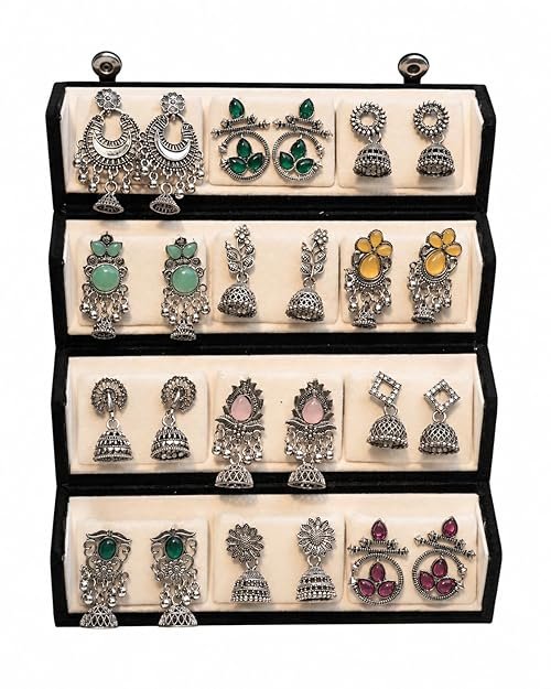 Oxidised Silver Plated Earrings Combo Set With Box for Women & Girls | 12 Pair Traditional Jhumka Chandbali Stone Studded Boho Ethnic Earrings Collection | Daily Wear Party Wedding Jewellery