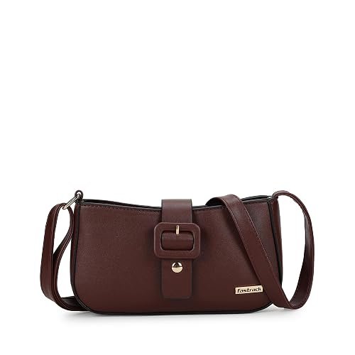 Fastrack Women’s Buckle Detail Sling Bag with Flap and Top Zip Closure | Adjustable Sling Belt and Inner Zip Pocket | Stylish Everyday Bag | Trendy Women’s Handbags, Brown
