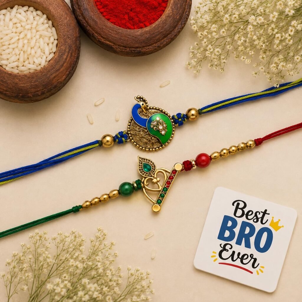eCraftIndia Set of 2 Multicolor Om Symbol and Peacock Designer Religious Rakhis with Roli Chawal Pack and Best Bro Ever Fridge Magnet – Rakhi for Brother, Bhaiya, Bhai
