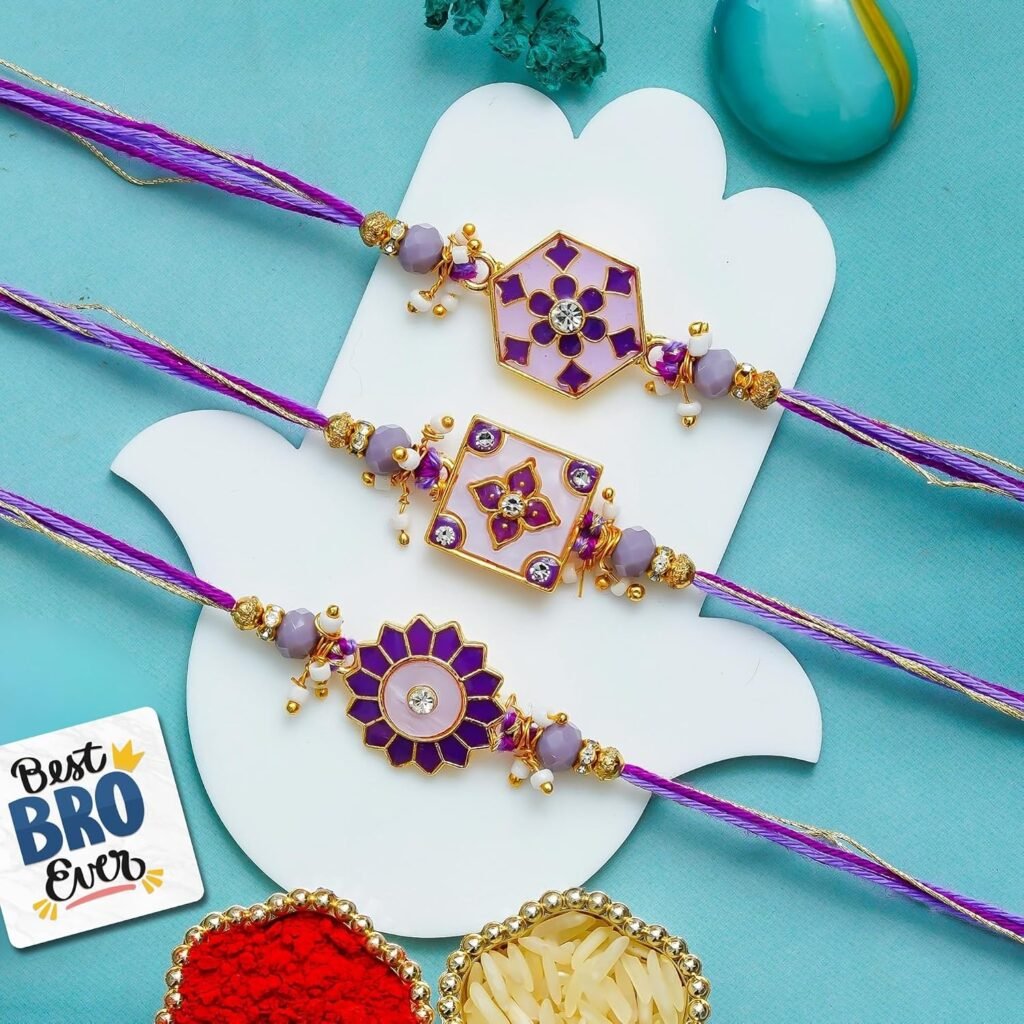 eCraftIndia Set of 3 Purple Floral Designer Rakhis | Best Bro Ever Fridge Magnet | Roli Chawal Pack | Rakhi for Brother Bhaiya Bhai Bhabhi Kids