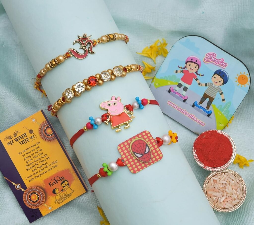 CraftVatika Magnet with Rakhi for Brother Gift Combo Rakhi Set of 4 for Bhaiya Boy Kids, Om Rakhi for Brother Men Rakhi for Girls Sister Boy Kids Rakhi with Magnet Gift, Fridge Magnet for Door Decor