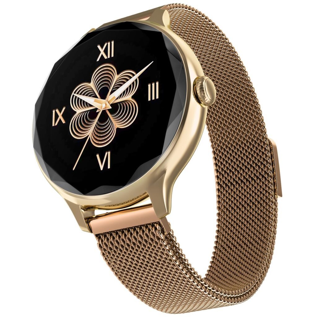 Noise Diva (Smartchoice) Smartwatch with Diamond Cut dial, Glossy Metallic Finish, AMOLED Display, Mesh Metal and Leather Strap Options, Female Cycle Tracker smart Watch for Women (Gold Link)