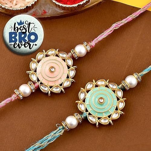 ascension Set of 2 Flower Rakhi Combo for Bhaiya Bhabhi Raksha Bandhan Gift Set with Moli Bracelet Stone Work Thread Includes Roli Tilak and Best Brother Fridge Magnet Design