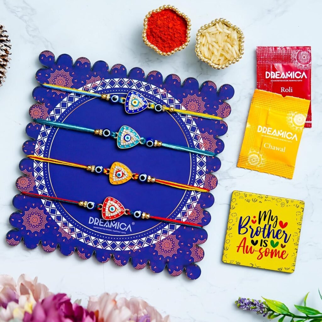 Dreamica Set of 4 Designer Rakhi for Brother | Combo with ‘My Brother is Awesome’ Fridge Magnet, Tilak Set (Roli-Chawal), and Greeting Card | Best Rakhi Gift for Brother (Rakhi-78)