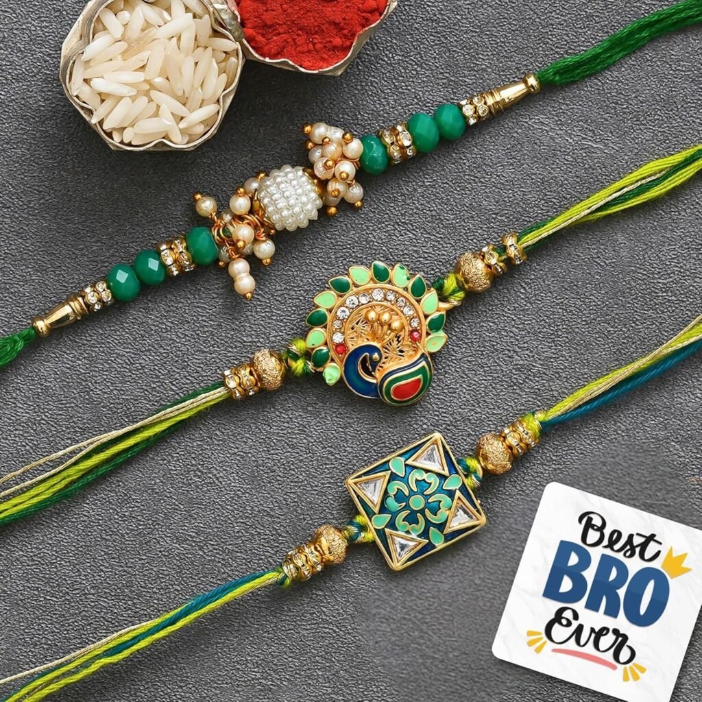 eCraftIndia Set of 3 Multicolor Peacock, Flower, Beads, Pearls Designer Rakhis with Roli Chawal Pack and Best Bro Ever Fridge Magnet – Rakhi for Brother, Bhaiya, Bhai