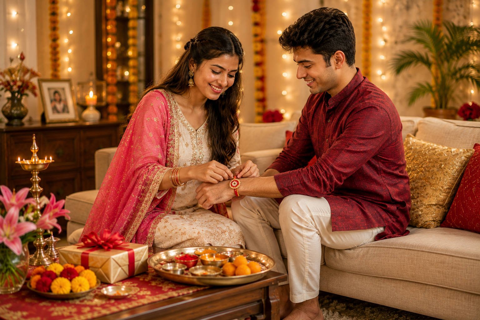 Brother and sister celebrating Raksha Bandhan with a rakhi and gifts